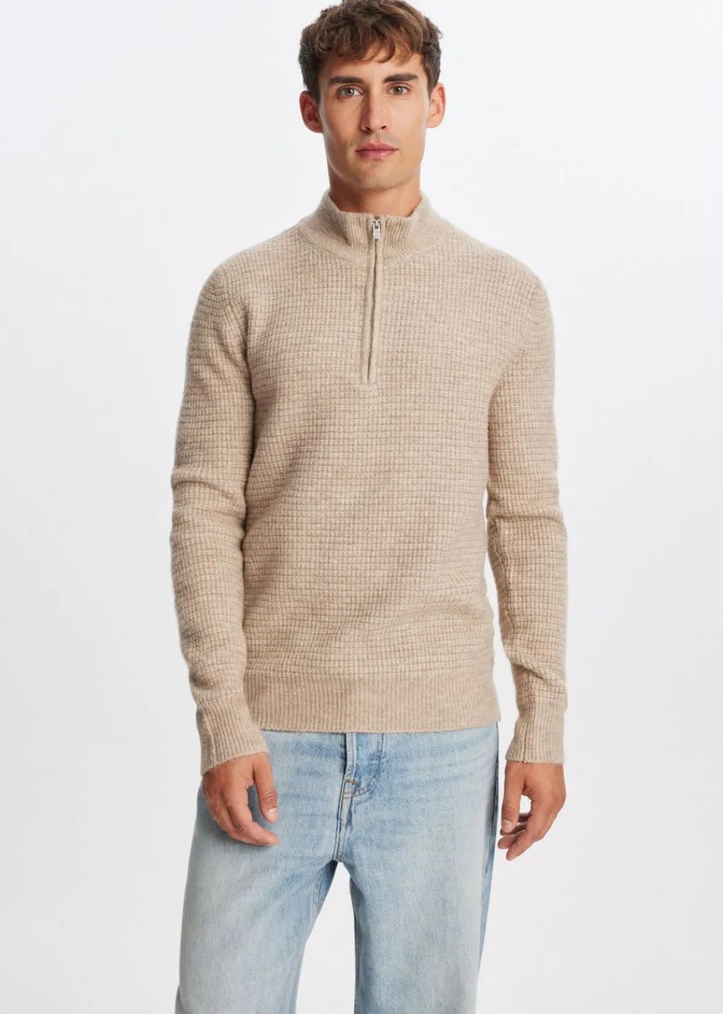Truien En Vesten<The Sting Gebreide half zip trui zand gemêleerd