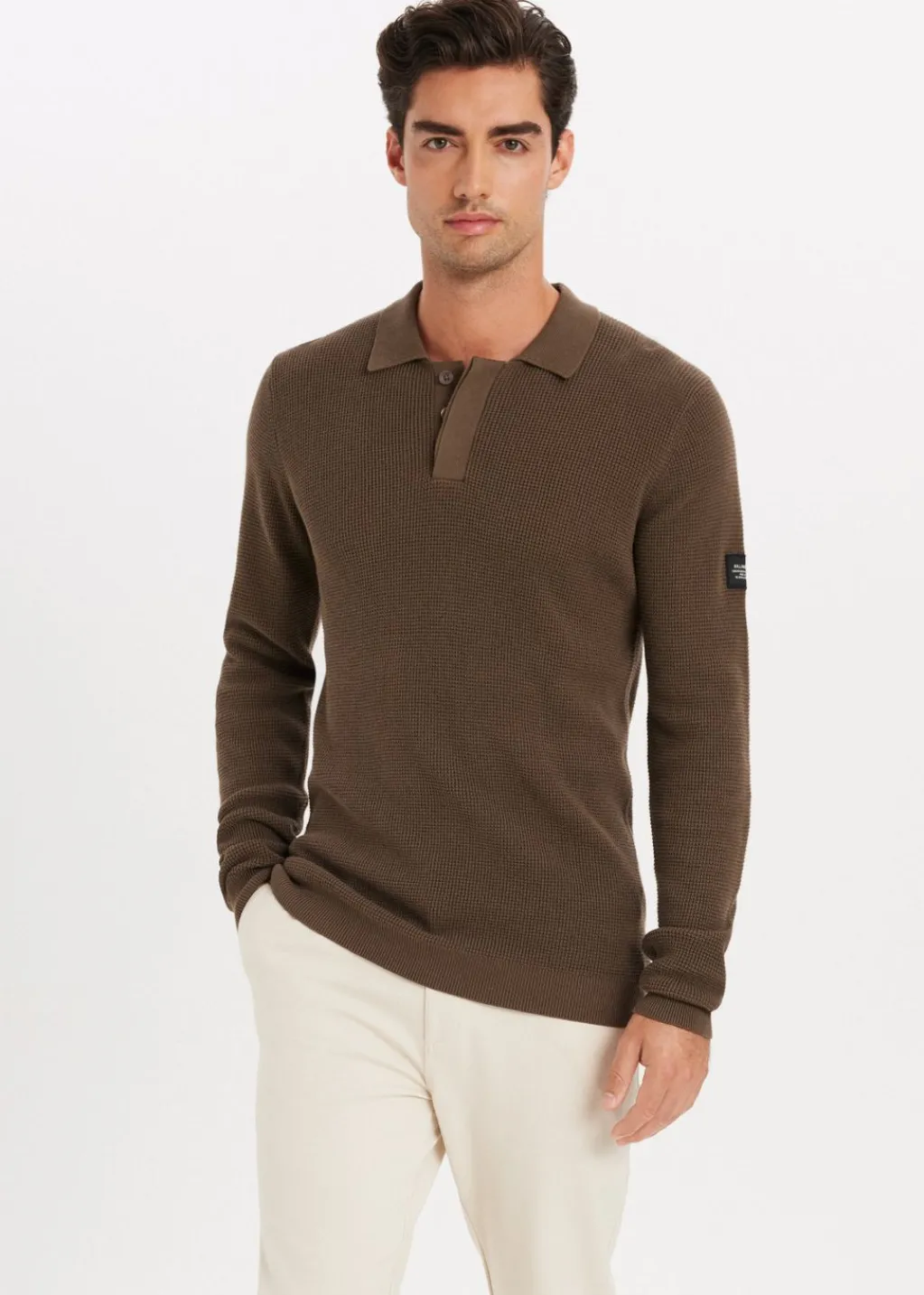 Polo's|Truien En Vesten<The Sting Gebreide polo met logo middenbruin