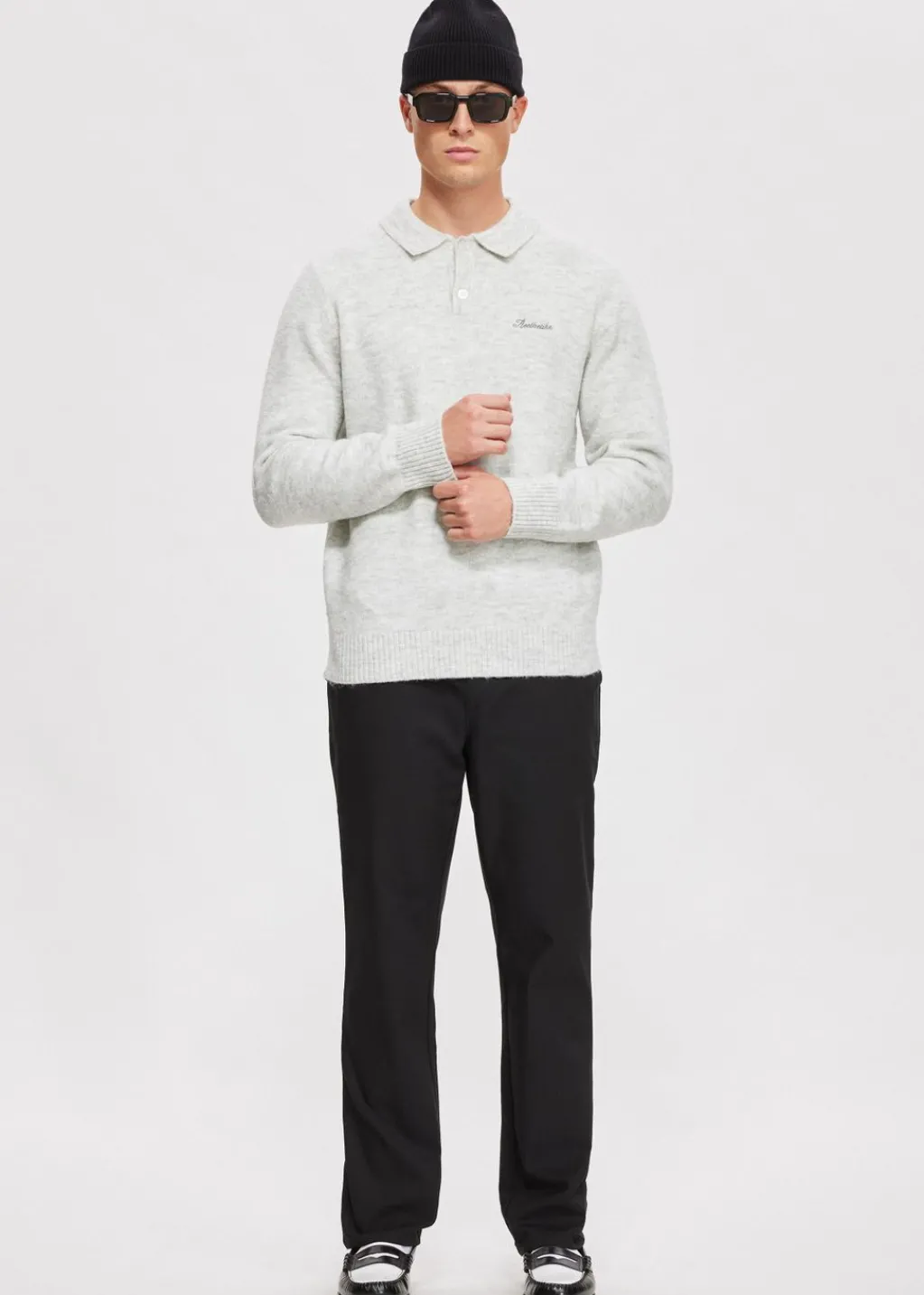 Polo's|Truien En Vesten<The Sting Gebreide polo met merk grijs, licht melee