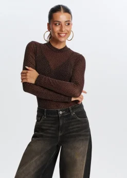 Tops<The Sting Glitter mesh body donkerbruin
