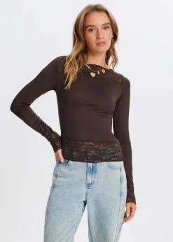 Tops<The Sting Lange mouwen top met kant donkerbruin