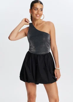 Tops<The Sting One shoulder glitter top zilver