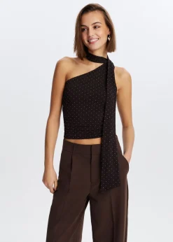 Tops<The Sting One shoulder top met sjaal donkerbruin